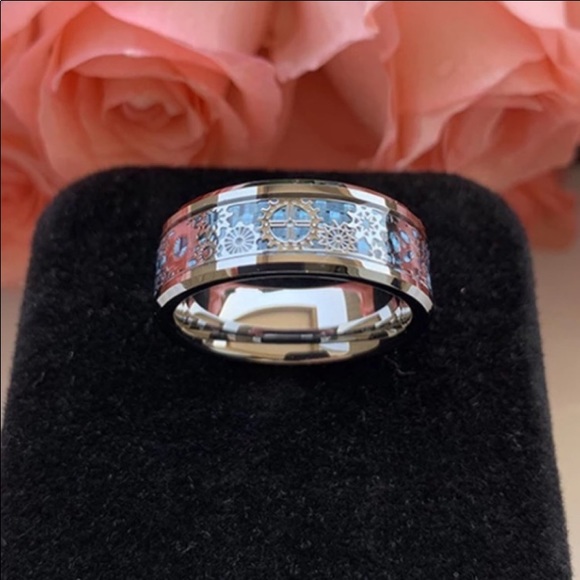 8mm Tungsten Carbide Gear Wheel Blue Carbon Fiber Inlay Mens Ring - Picture 4 of 11